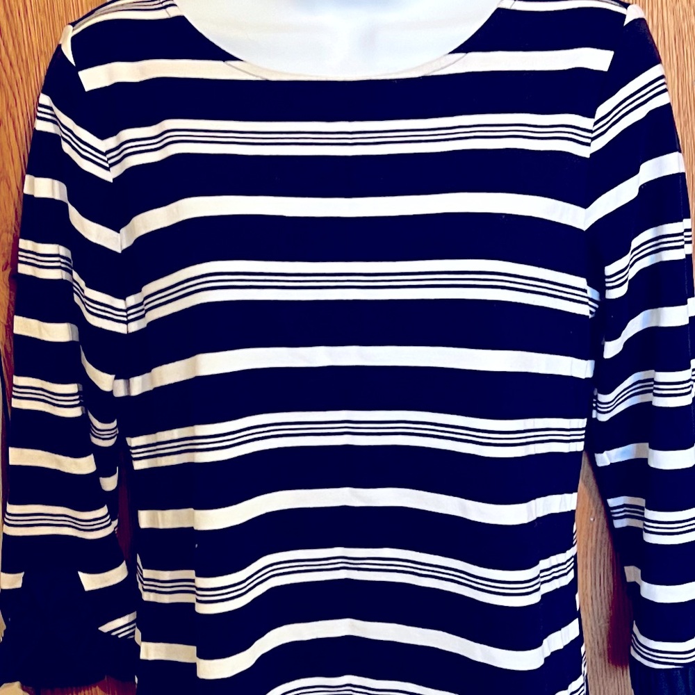 Ann Taylor, Size MP, Navy Stripe, Ruffled Sleeve.